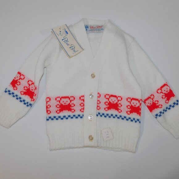 VTG Blue Bird Knitwear Baby 12M Cardigan Sweater White Red Bear Monkey with Tag - Picture 1 of 8